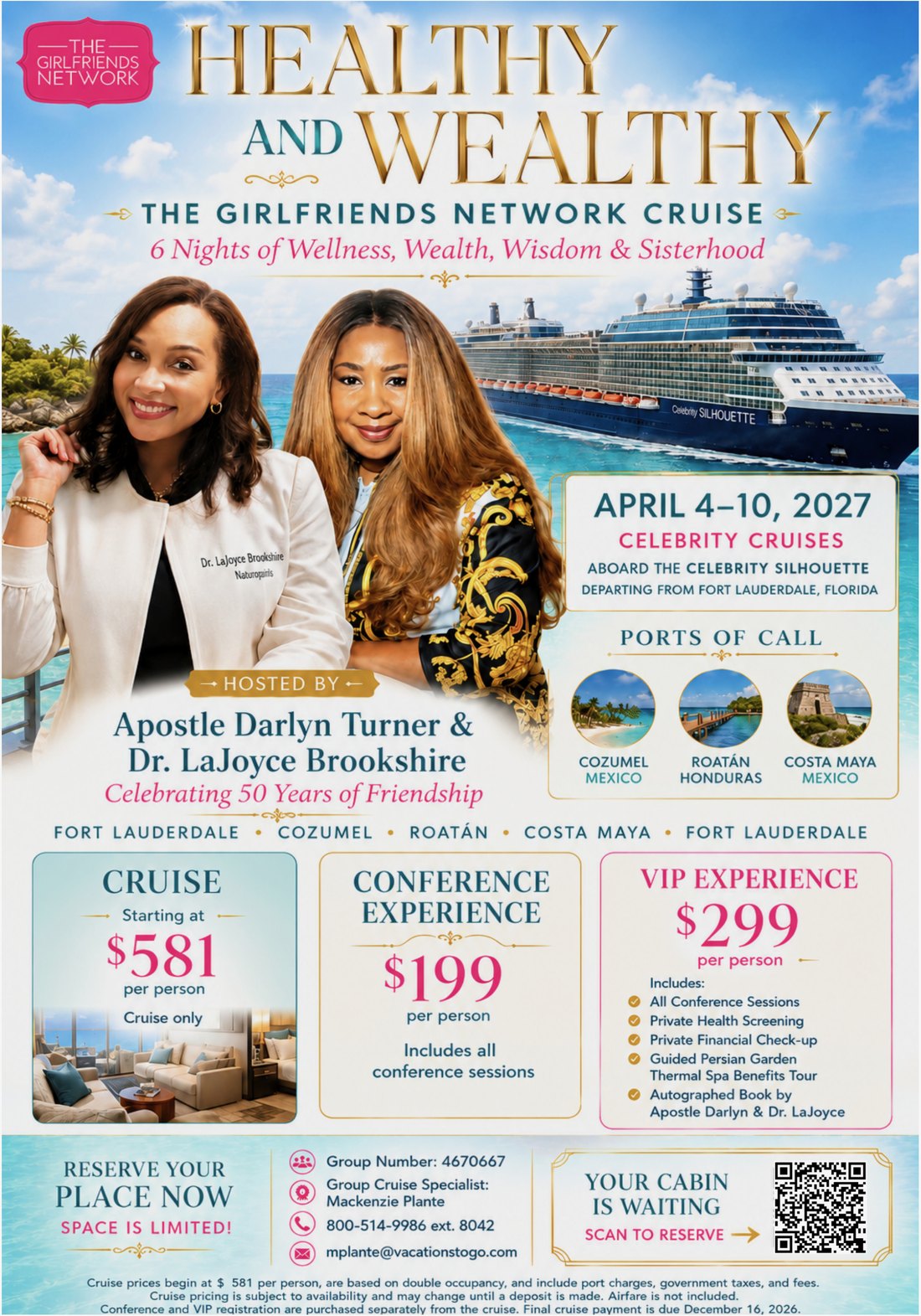 Healthy and Wealthy cruise flyer with dates, ports, pricing and reservation details