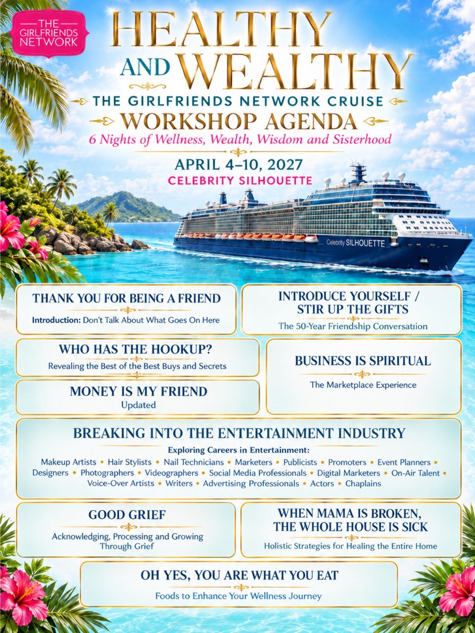 Healthy and Wealthy workshop agenda poster listing all nine sessions
